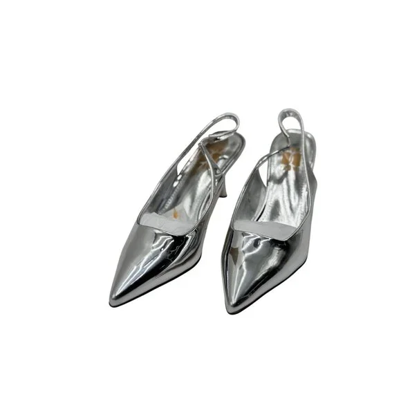 NEW Heelchic Womens Size 6 Silver Pointed Toe Slingback Heels Kitten Heel - Picture 6 of 16